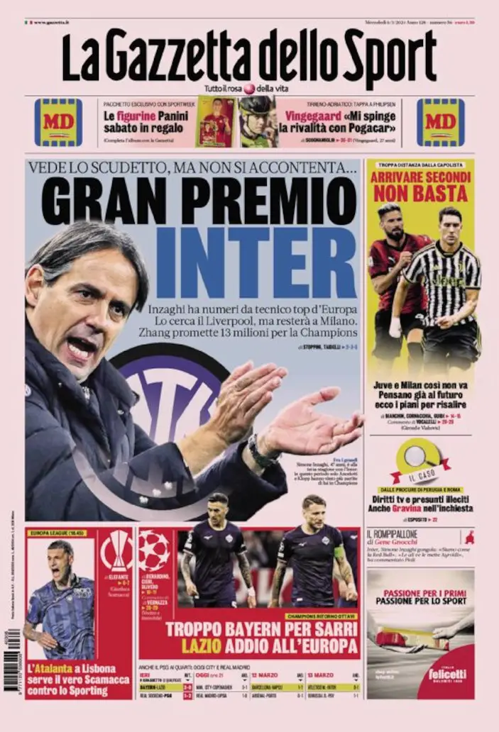 , Today’s Papers – Trop de Bayern pour la Lazio, l’Inter récompense Inzaghi